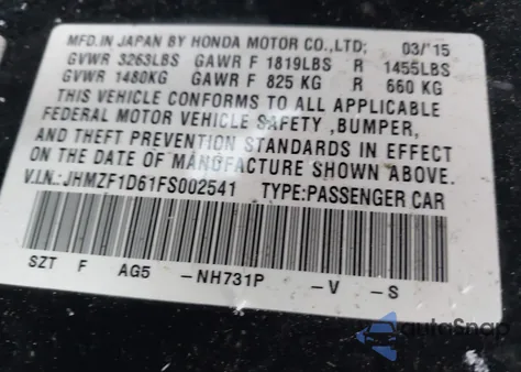 2015 Honda Cr-Z Ex from USA, damaged, VIN JHMZF1D61FS002541